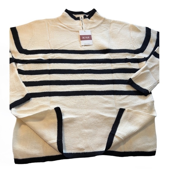 Striped Half Zip Side Slit Relaxed Casual Pullover Sweater - Picture 15 of 17